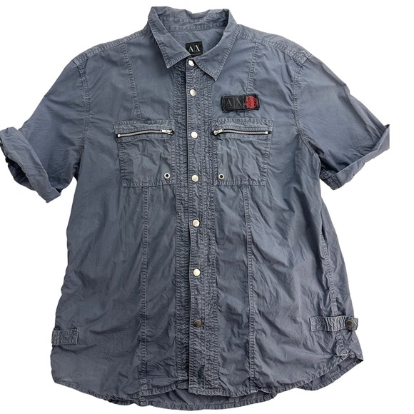 Armani Exchange A|X Mens XL Blue Short Sleeve Button Down Shirt Military Style - Picture 1 of 10